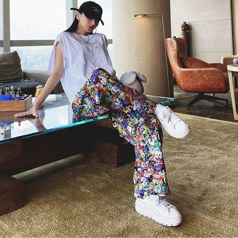 Cartoon Print Casual Pants Women Trendy Wide Leg Pants Summer Comfortable Womens Loose Trousers Pantalons Femmes Lady Sweatpant