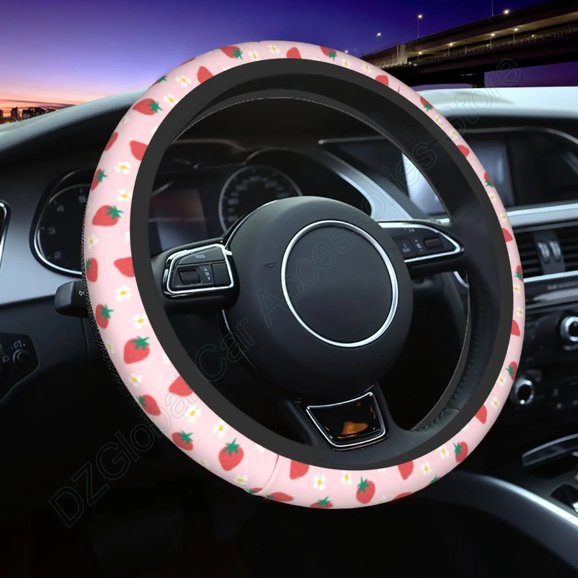 Strawberry Flowers Steering Wheel Covers Anti Slip Elasticity Car Accessories Steering Wheel Protector Universal 15 Inch