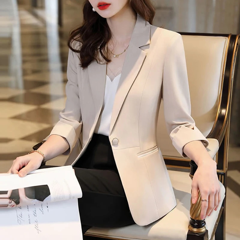 Spring Summer Women Elegant Business Casual Single Button Blazer Jacket Office Lady Notched Neck Solid 3/4 Sleeve Slim Suit Coat