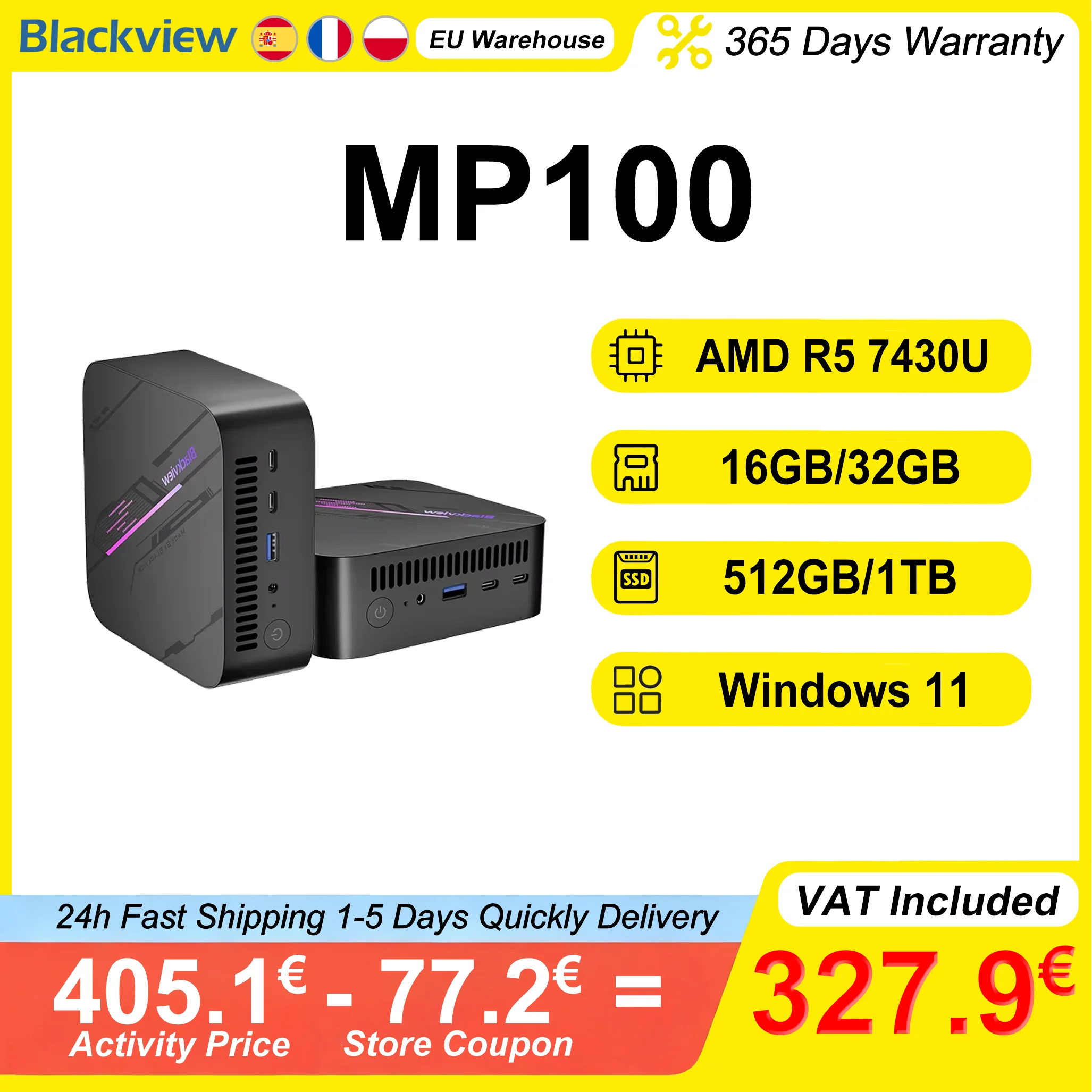 Blackview MP100 Mini PC AMD Ryzen5 7430U 16GB/32GB RAM 512GB/1TB ROM WiFi 6 Windows 11 6-Core 12-Thread BT5.2 Mini Computer PC