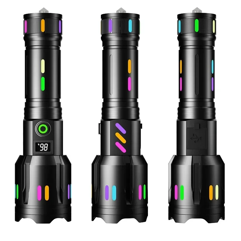 Super Bright Spotlight LED Flashlight with Luminous Strips 3000M Long-Range Search Zoomable Torch for Camping Emergency