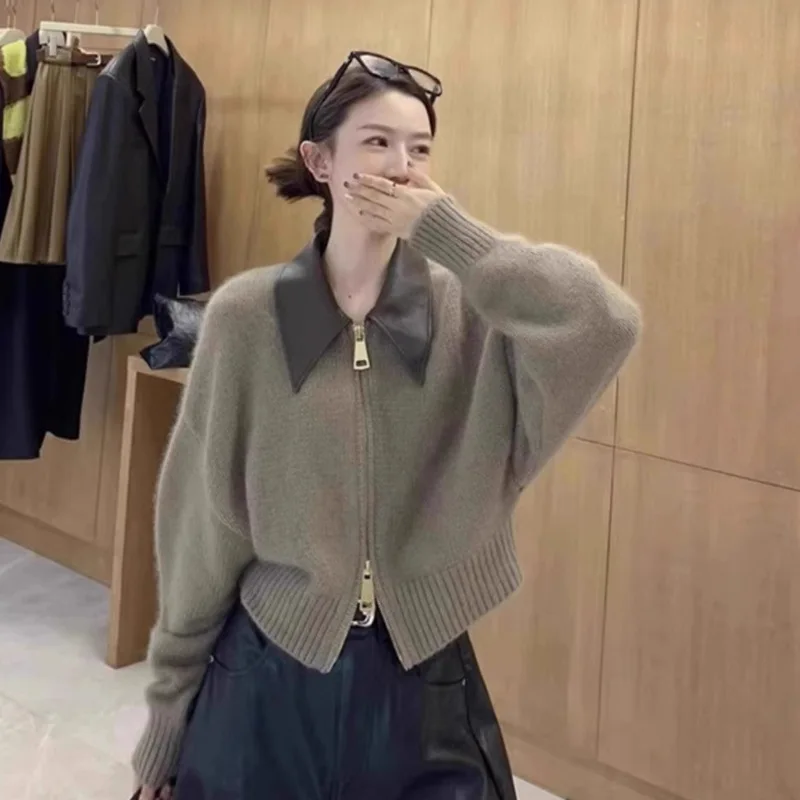 Women Knit Sweater Zipper Turn Down Collar Patchwork Sweaters Jumpers Casual Splice Full Sleeve Warm Thick Sweater Autumn Winter