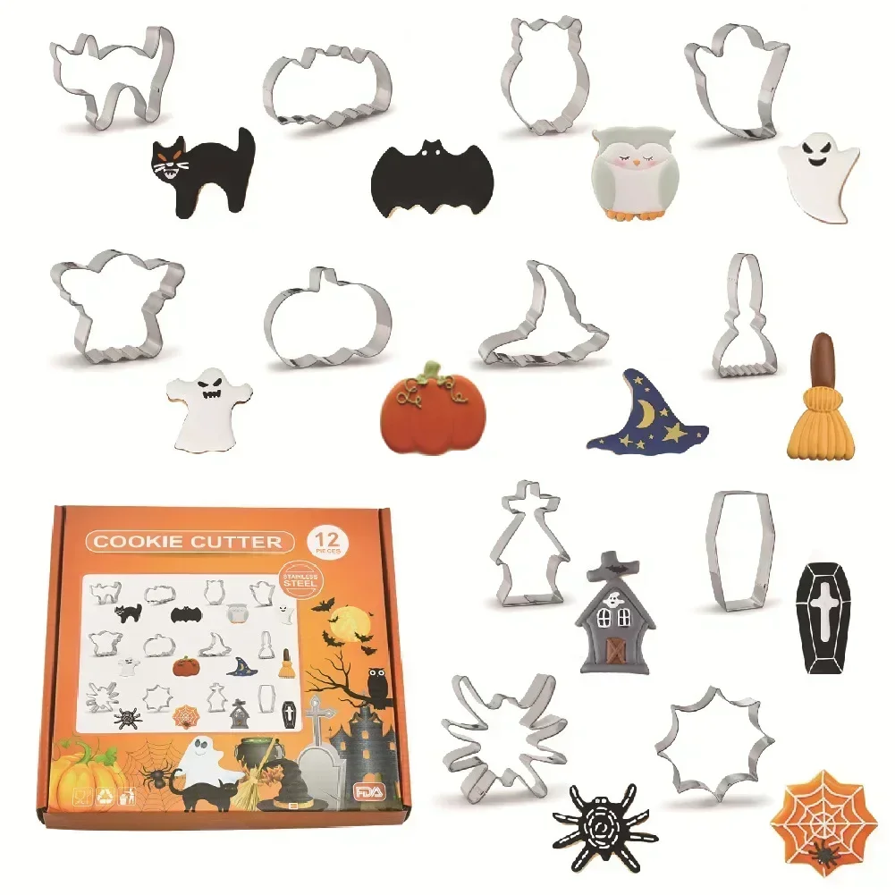 12PCS Halloween Cookie Cutter Stainless Steel Cartoon Cookie Mold Bat Shaped Mold Baking Mold Kitchen Baking Tools