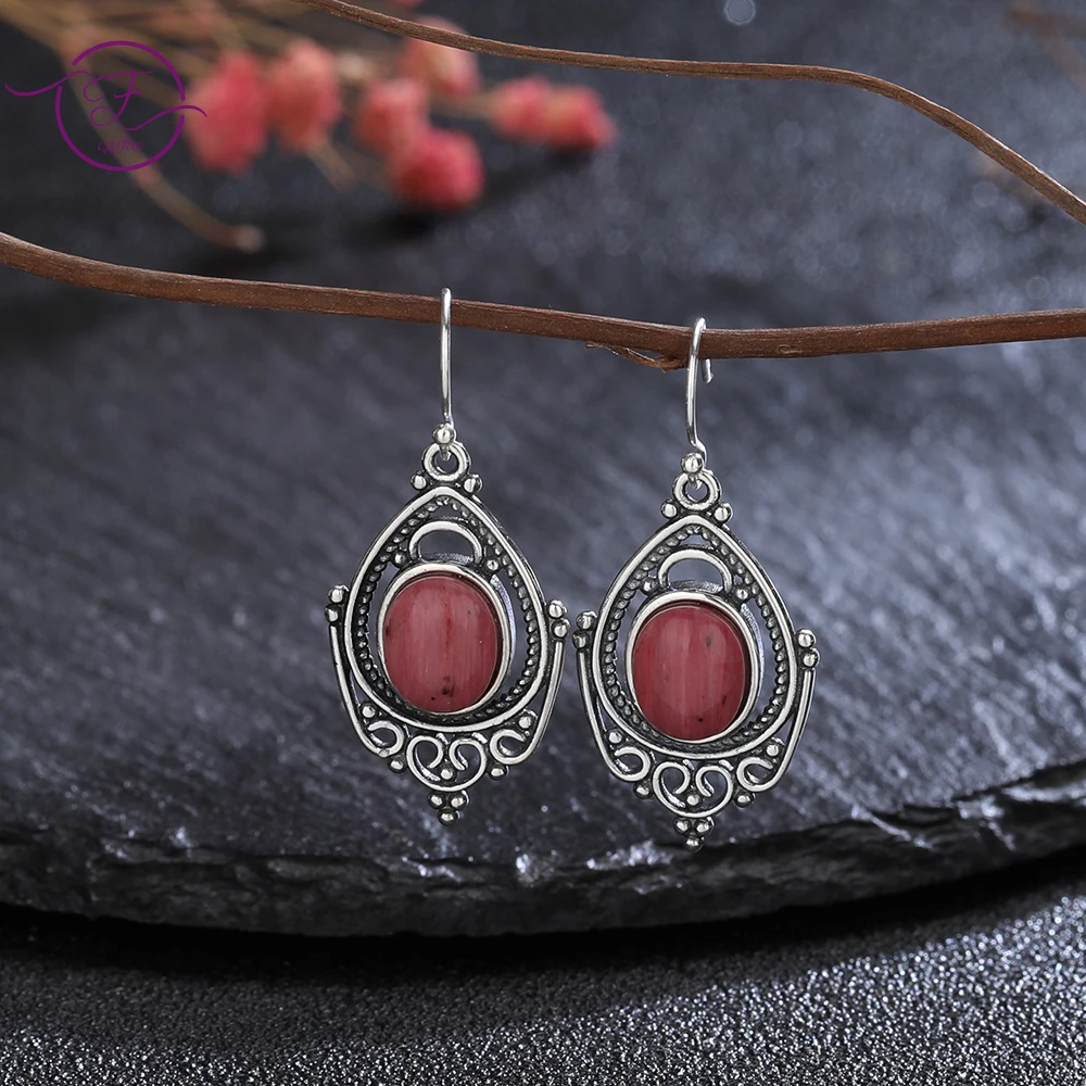 

Natural 8*10MM Rhodochrosite Drop Earrings for Women Vintage Tiger's Eye Stone Silver Earrings Luxury Jewelry Gift