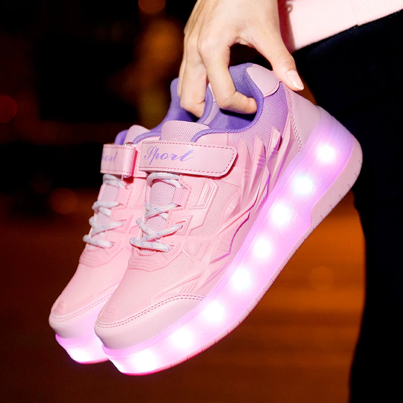 Fashion USB Charging Children LED Light Roller Skate Shoes For Kids Boys Girls Glowing Sports Luminous Sneakers With Two Wheels