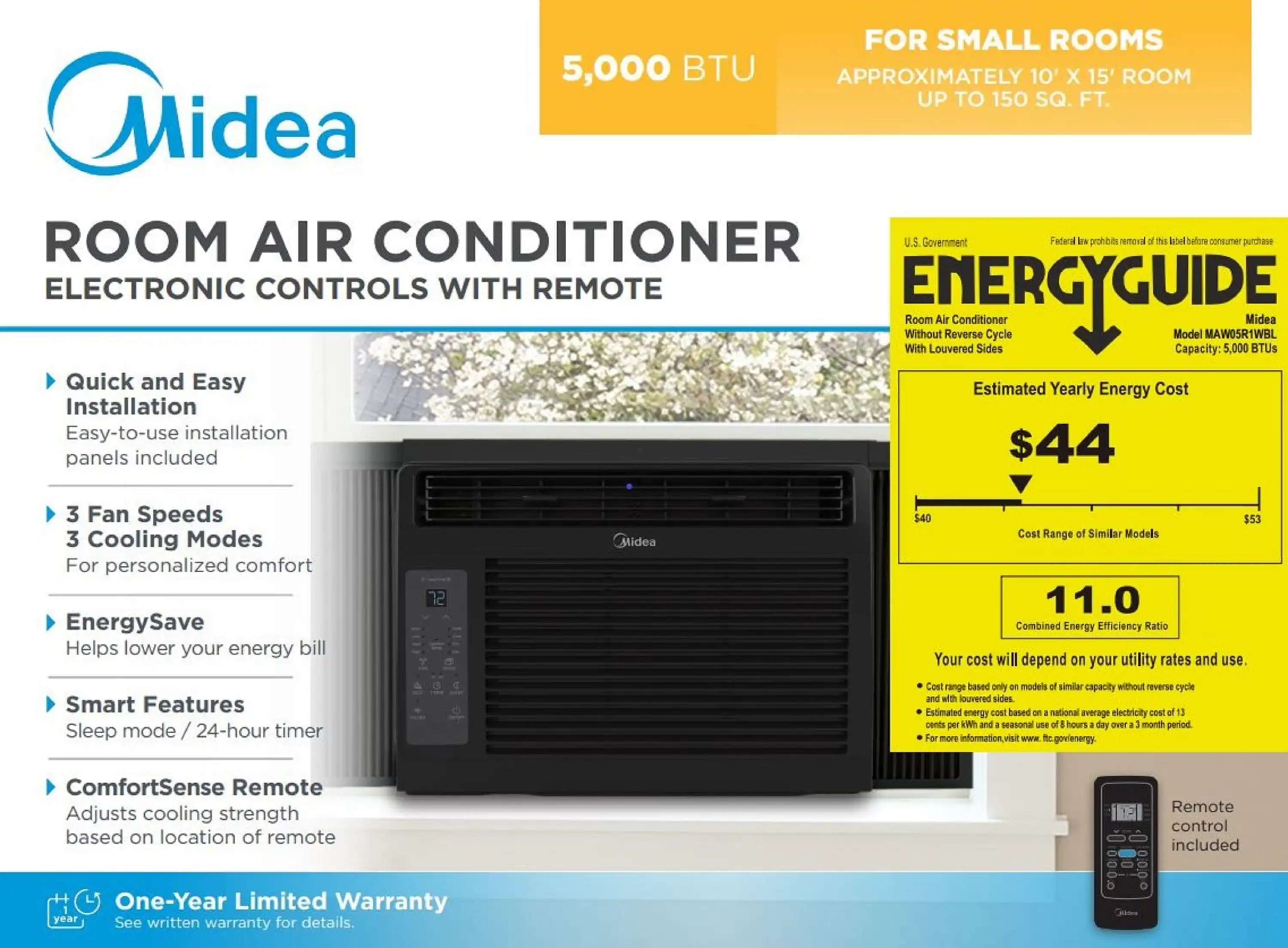 Condizionatore d'aria per finestra da 5,000 BTU 150 piedi quadrati con telecomando, nero, MAW05R1WBL-T