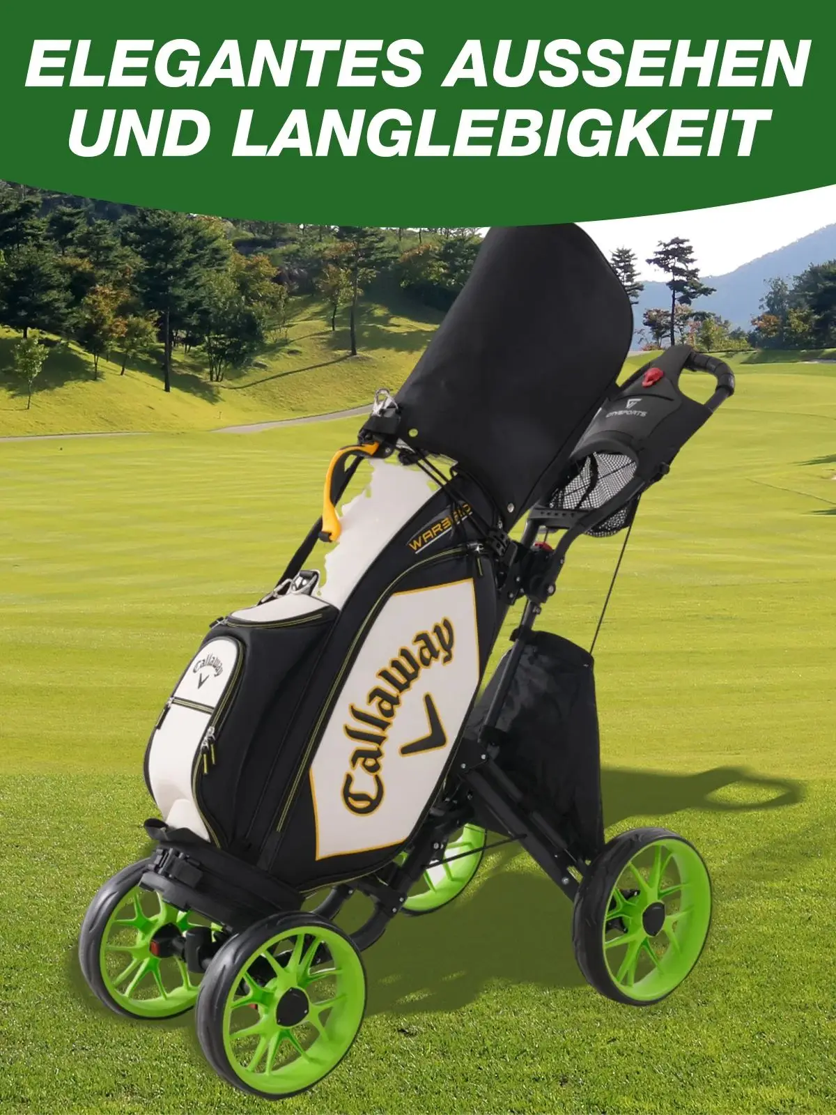 CITYSPORTS PRO Golf-Schubwagen mit 4 Rädern, viel Stauraum, faltbares und tragbares Design, Fußbremse, rutschfester Griff