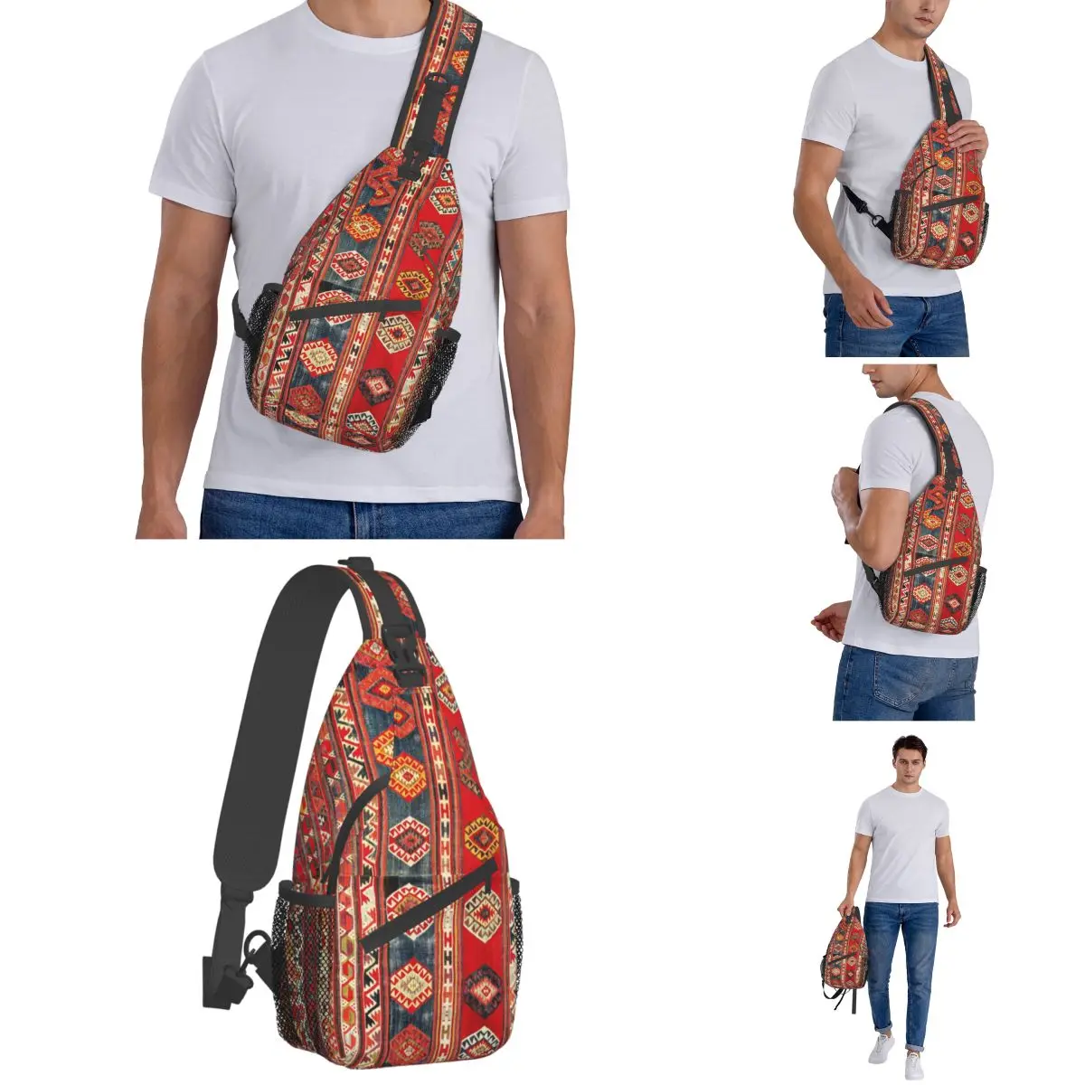 Antique Turkish Kilim Small Sling Bag Chest Crossbody Shoulder Backpack Hiking Travel Daypack Boho Ethnic Persian Printed School