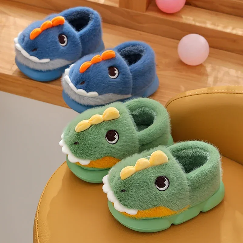 Cute Cartoon Dinosaur Children Plush Slippers Soft Sole Non-slip Winter Warm Baby Boys Girls Indoor Home Heel Wrap Cotton Shoes