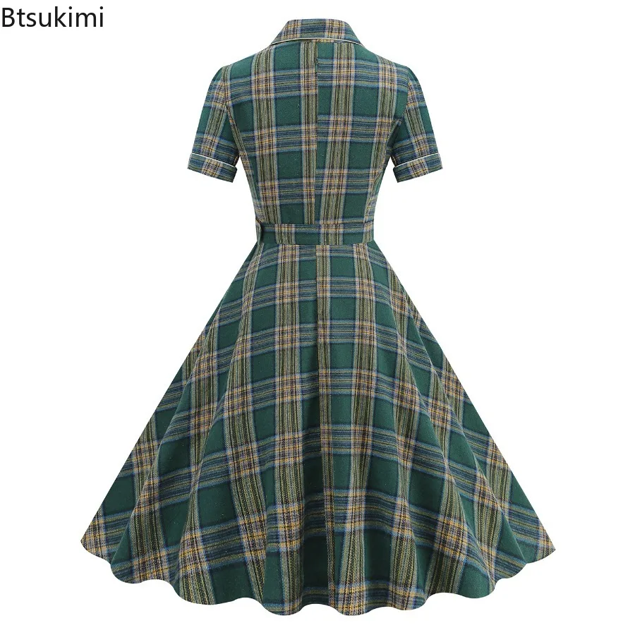 レディース ヘップバーン風 エレガント グリーン チェック柄 ヴィンテージ カジュアル ドレス 襟付き パッチワーク ビッグスイング ロカビリードレス