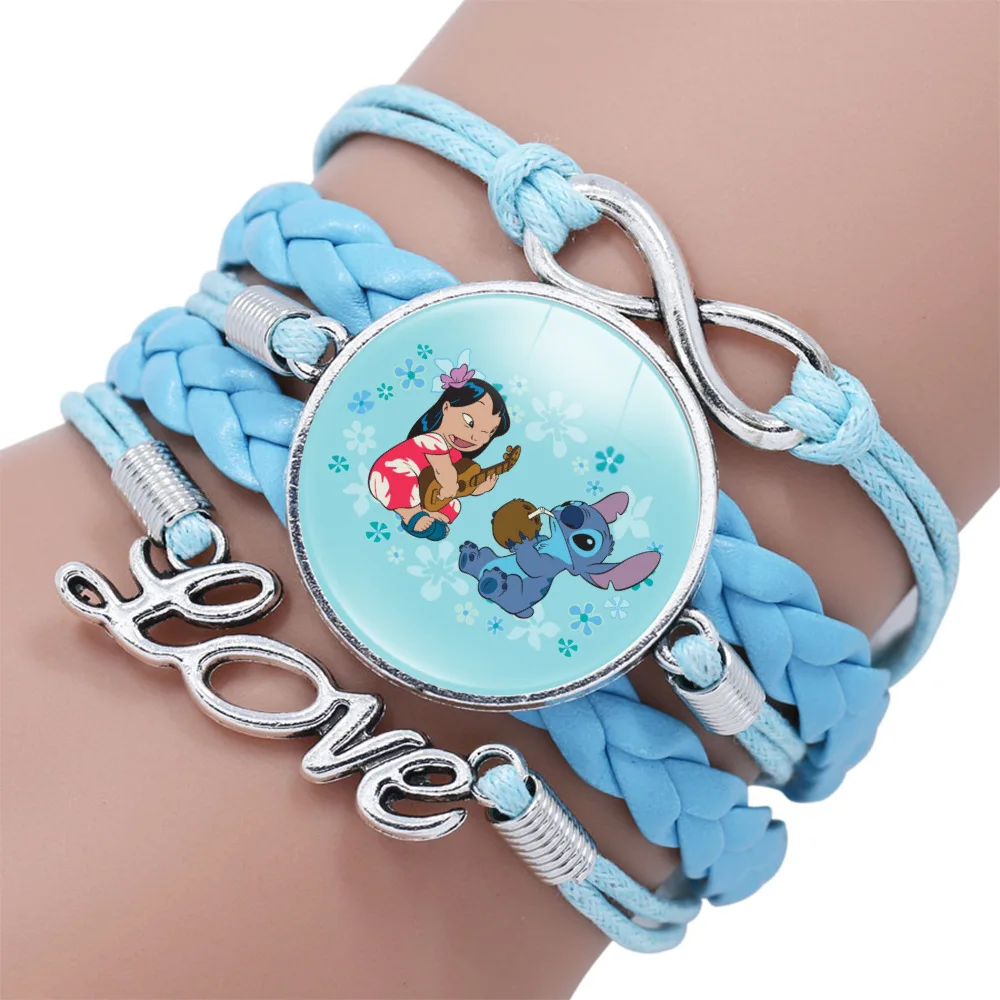 Anime Cartoon Figure Disney Lilo & Stitch Lilo Pelekai Blue Gemstone Braided Bracelet Wrist Birthday Gift for Kids Accessories