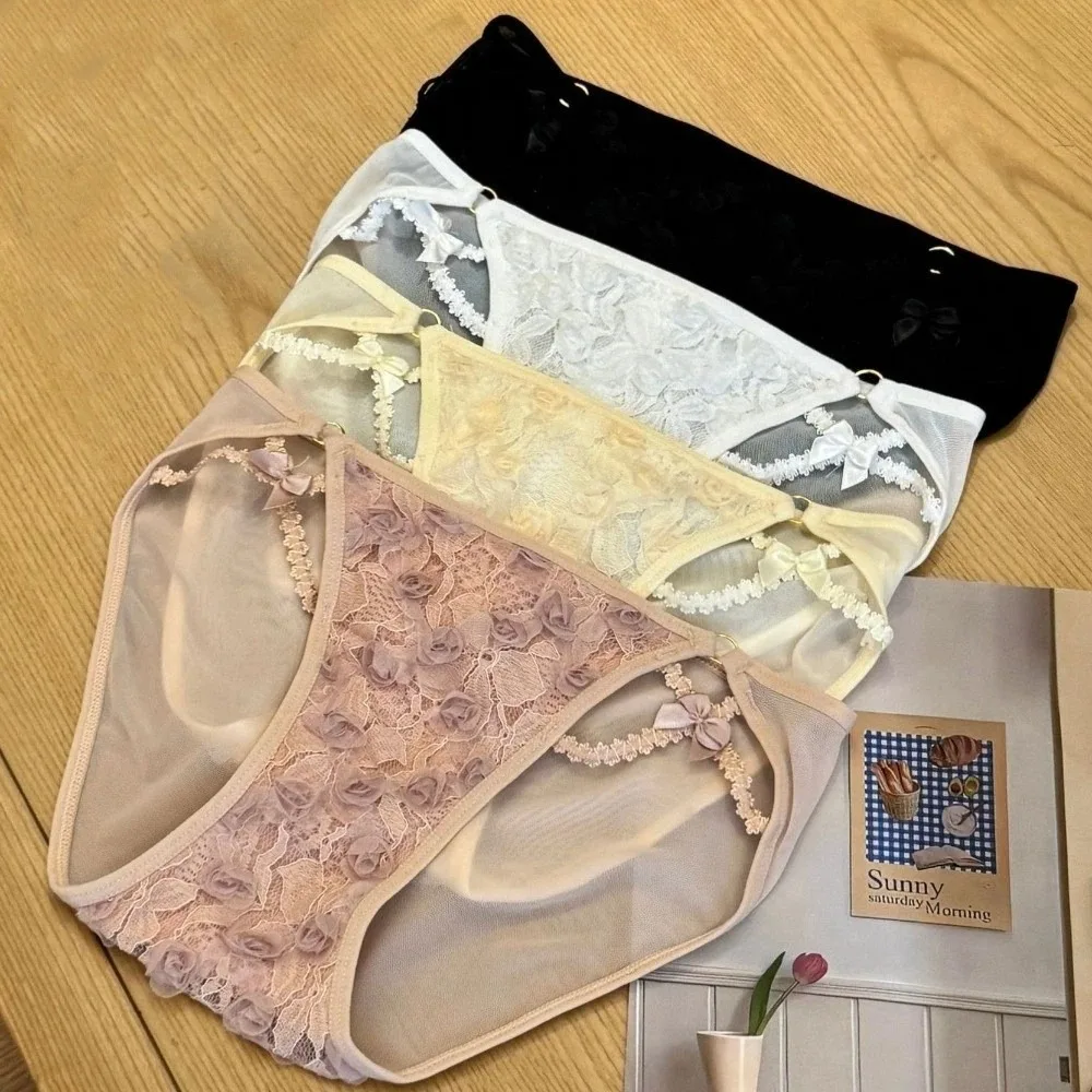 Breathable Low Waist Lace Briefs Hollow Mesh Women Underwear Cotton Crotch Transparent Bow Lace Panties Lady