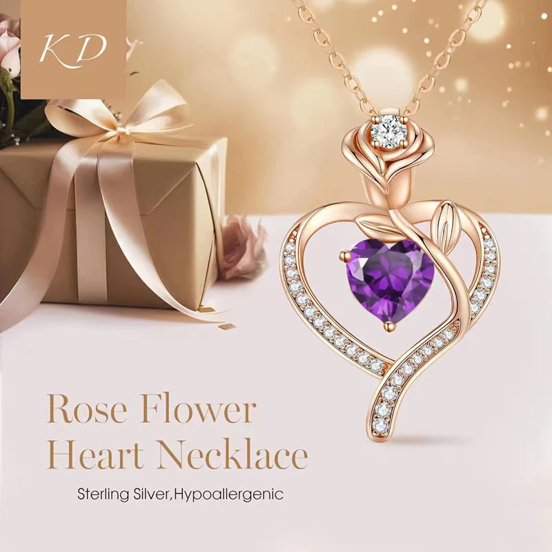 Heart Necklace Purple Zircon Pendant Romantic With Rose Flower Gift Box Fashion Luxury Jewelry 2024 New Birthday Wedding Party