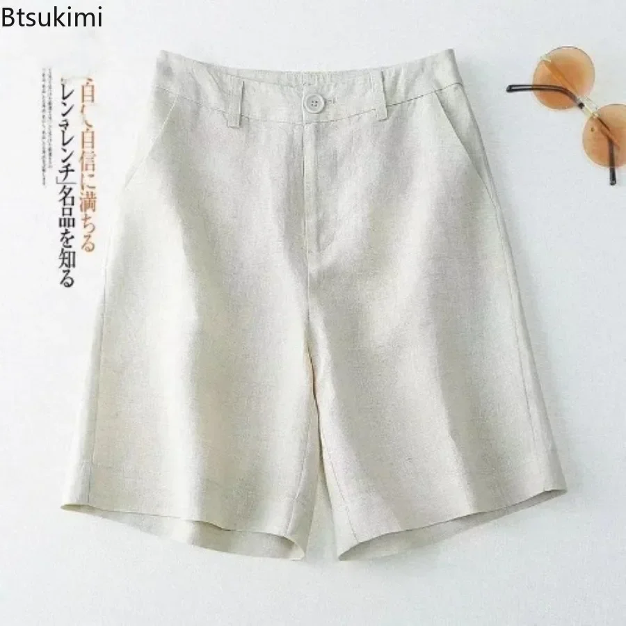 2025 Women's Casual Cotton Linen Shorts Solid Pocket Button High Waist Wide Leg Shorts Female Korean Straight Suit Shorts Women