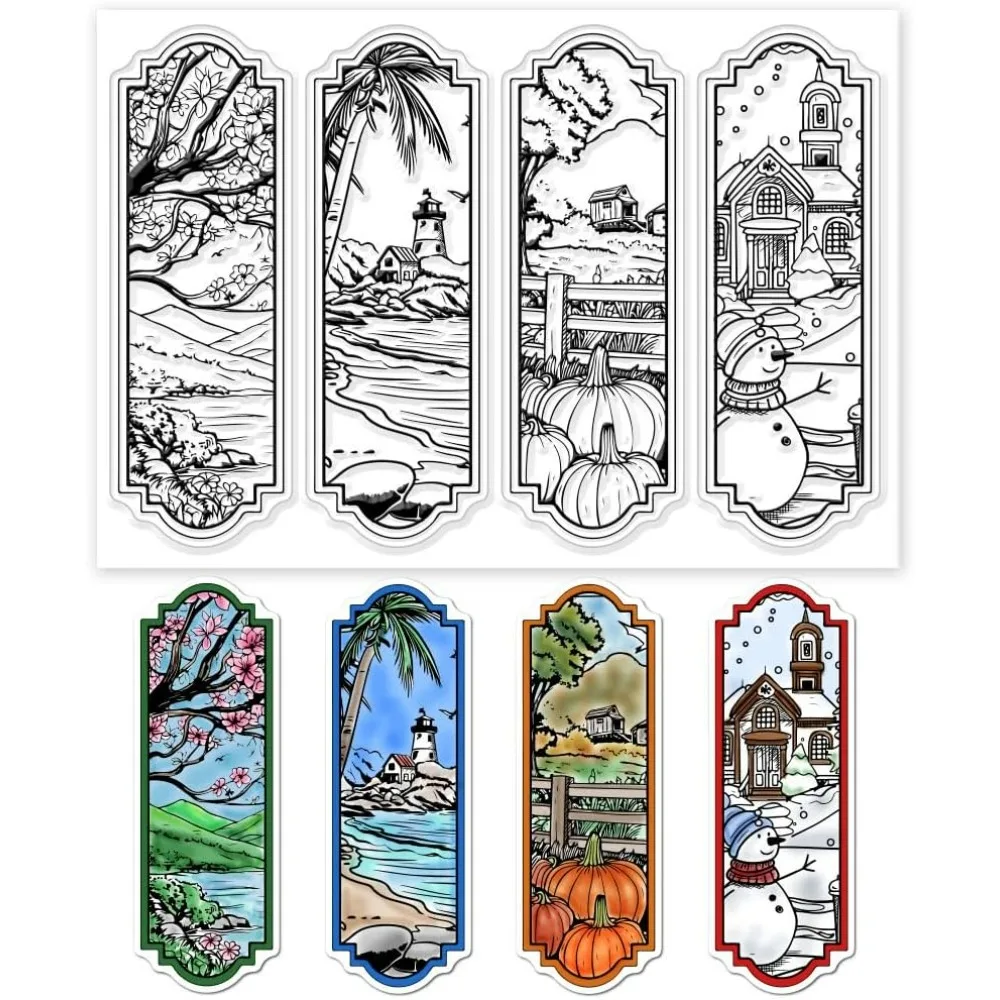 Four Seasons Bookmark Clear Stamps Spring Summer Autumn Winter Landscape Lables Silicone Clear Stamp Seals Trees River Pumpkins