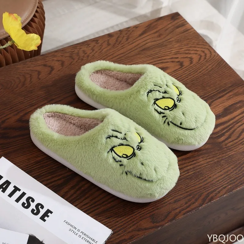 Autumn Winter Fashion New Plus Size Women's Home Slippers Indoor Lazy Green Fur Monster Plush Flat Bottom Comfortable Cotton Mop