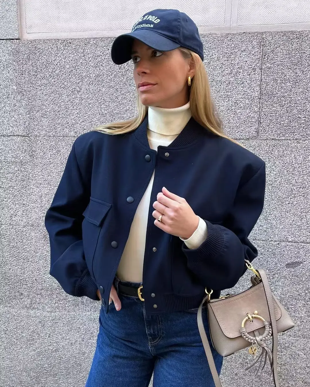 

Women Bomber Jacket 2025 Fall Elegant Lady Casual Solid Long Sleeve Button Coat With Pocket Chic Outerwear Jacket