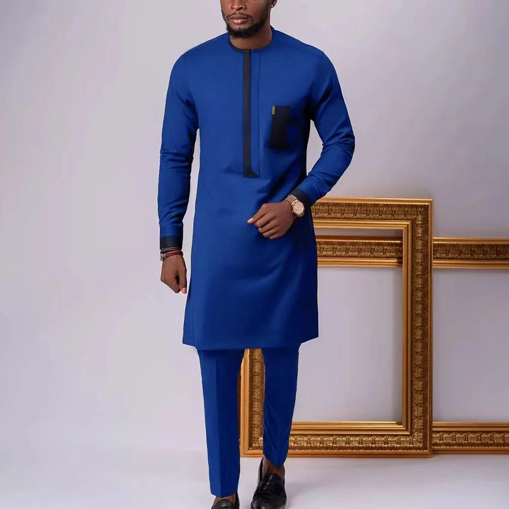 

African Men Suit Round Collar Long Sleeves Pocket Splice Top Pants Two Piece Set Simple Casual Summer Gentleman Africa Outfits