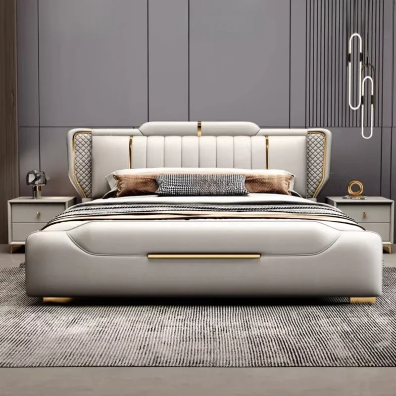 

Leather Light Luxury Bed Modern European Wedding Wood King Size Bed Twin Confortable High Quality Camas Matrimoniales Furniture