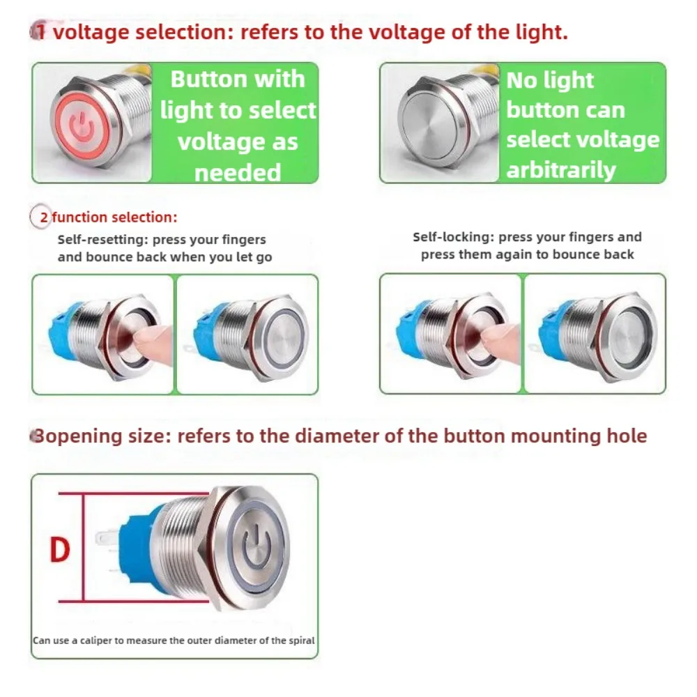 12mm Metal Button Switch with Light Self Resetting Small Circular Power Supply Multi-Color Multi-Voltage Short Circuit Protectio