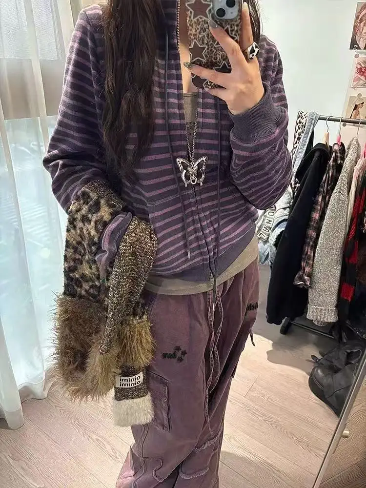 Autumn Winter Women's Dark Academia Vintage Casual Purple Striped Slim Fit Cropped Full Zip Hooded Long Sleeve Knit Sweater