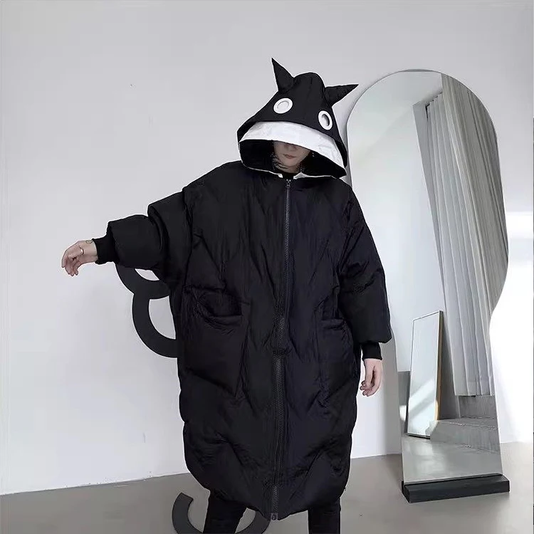 

Утепленная зимняя хлопковая куртка с капюшоном с дьявольскими ушками для мужчин и женщин, средней длины, с эффектом двухслойности, с ромбовидным узором