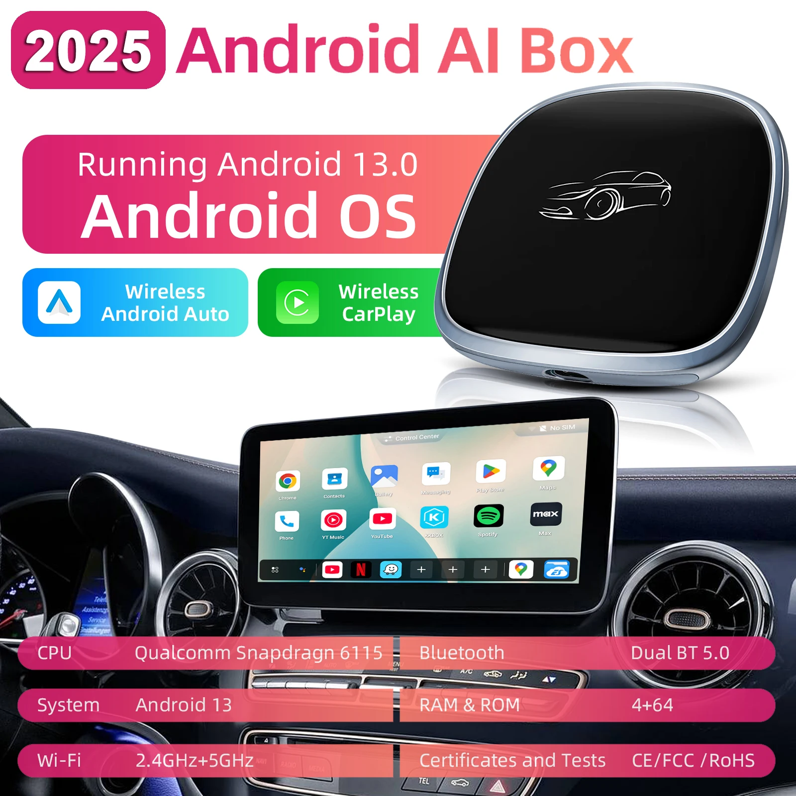 Wireless CarPlay Android Auto 3-in-1 Adapter Smart Android AI Box Plug & Play Support HDMI Output Low Latency High Performance
