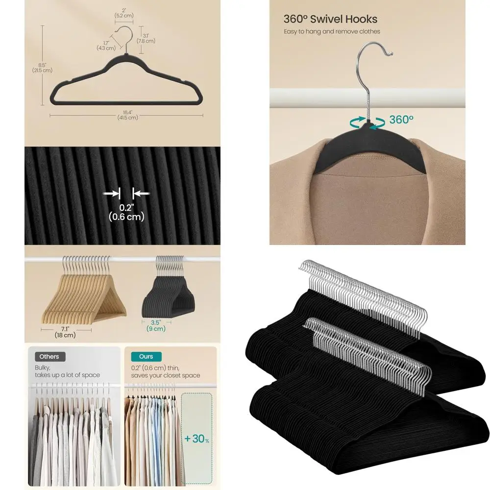 

100-Pack Velvet Non-Slip Hangers with Silver Swivel Hooks, Space-Saving Slim Design for Heavy-Duty Use, Black UCR026BZ02S