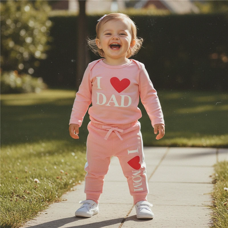 

2Pcs Newborn Baby Girls Outfits Toddler Long Sleeve Crew Neck Letters Heart Print Romper and Elastic Waist Pants Set
