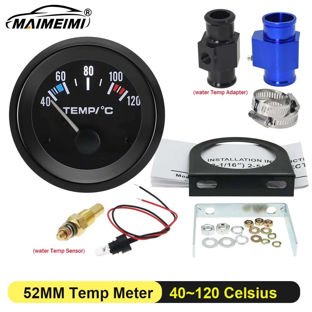 12V Water Temperature Sensor Head Joint Sensor Radiator Adapter 26MM-40MM 40-120℃ Car 52mm Water Thermometer Indicator 1/8NPT