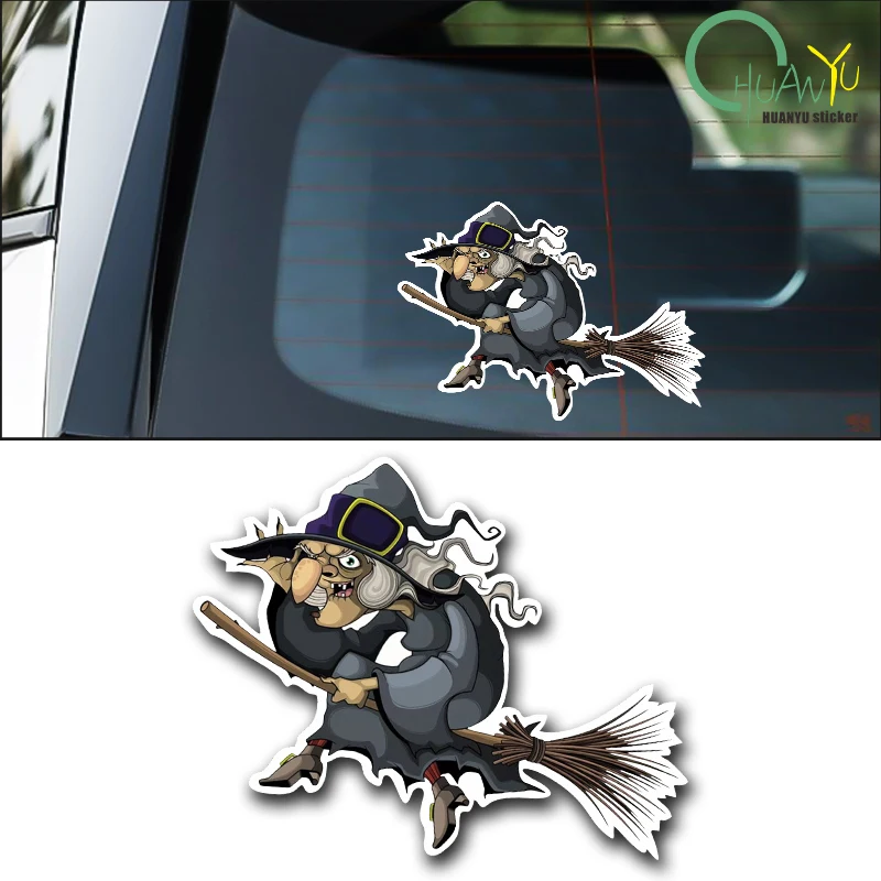 Old Witch Riding On A Broom Car Sticker PVC Colorful Decals Motorcycle Accessories Sticker