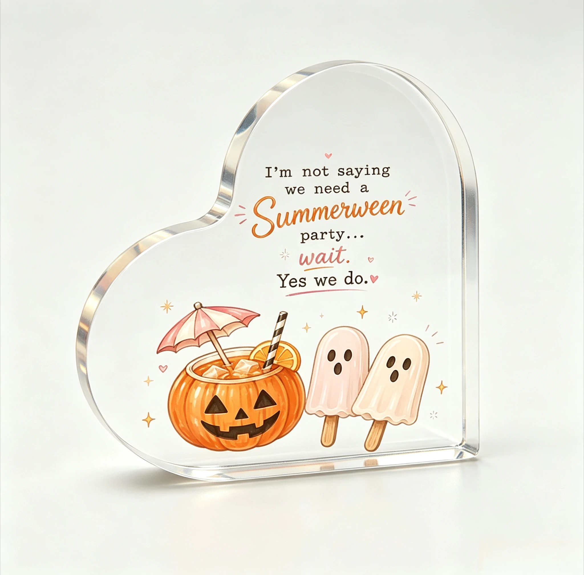 Summerween Party Heart‑Shaped Acrylic Plaque, Pumpkin Ghost Popsicle Tabletop Decor