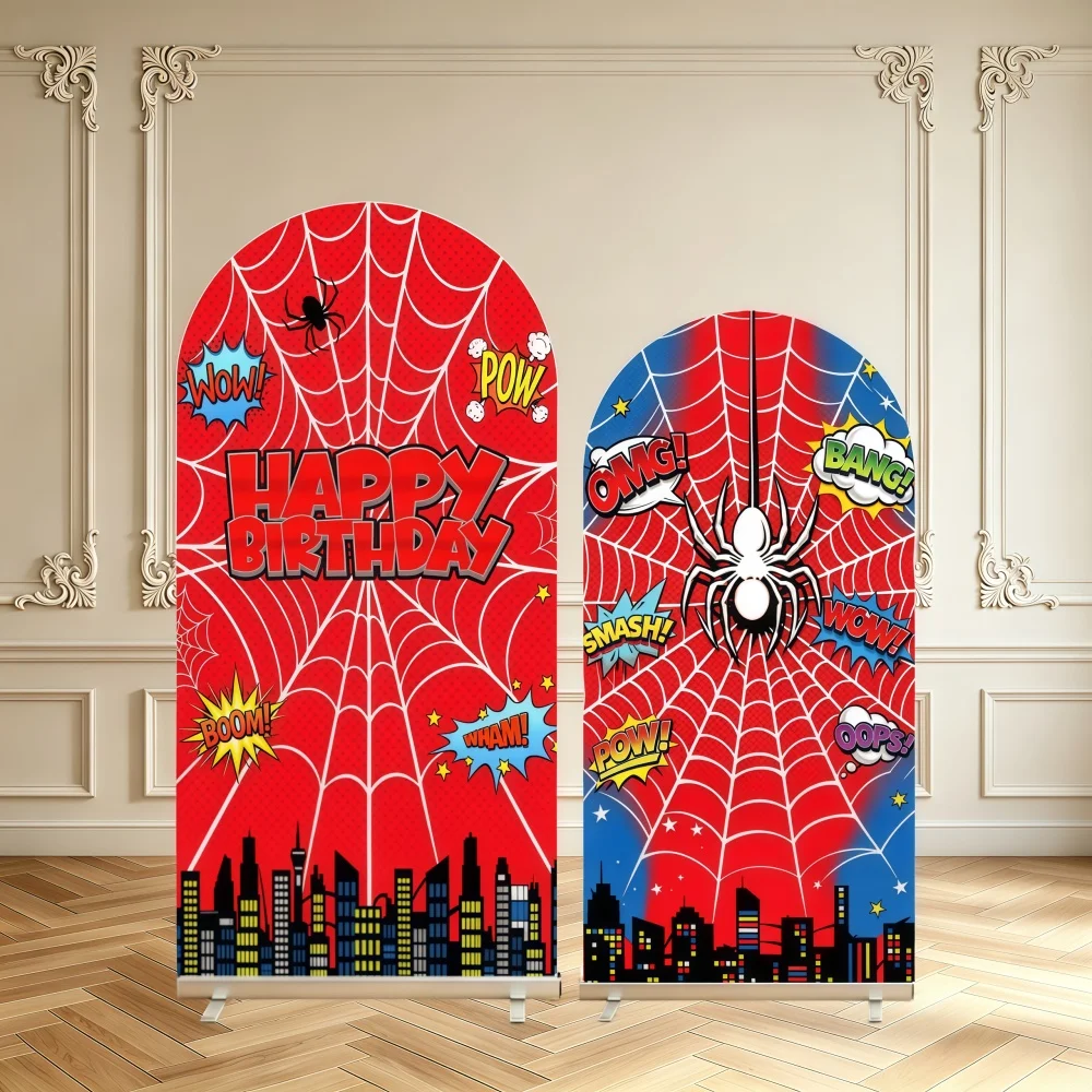 Superhero Theme Arch Backdrop Cover Red Color White Spider Web Happy Birthday Party Decor Double Sided Arch Cover Background