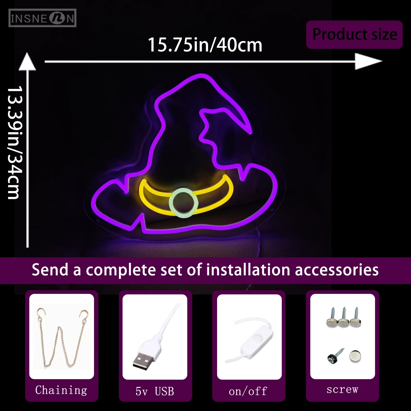 Witch Hat Neon Sign LED Lights, Wall Party, Room Decor, Festival, Halloween, Gifts, LED Neon Signs for Bedroom, USB