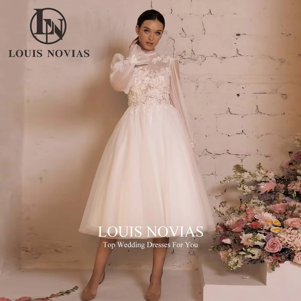 LOUIS NOVIAS Свадебные платья трапециевидной формы, сексуальное роскошное свадебное платье трапециевидной формы с круглым вырезом и пышными рукавами, аппликациями для невесты, Vestidos De Novia