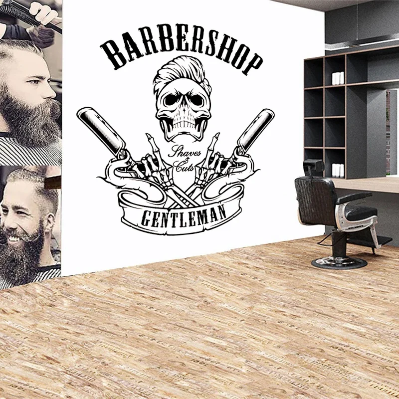 

Skeleton Hairdresser Wall Sticker for Barbershop Decoration Hair Stylist Gentlemen's Barber Shop Decals Shaves & Cuts Mural AA71