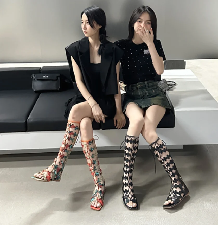 2024 Soft PU Leather Knee High Boots Summer Cut Out Open Toe Sandals Women Flat Heel Bohemian Tropical Cross S trap Shoes Beach