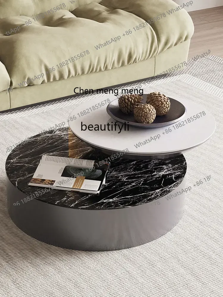 D178 Y zq Modern Stone Plate Coffee Table Italian Living Room round Tea Table Small Apartment Rotating Metal Tea Table