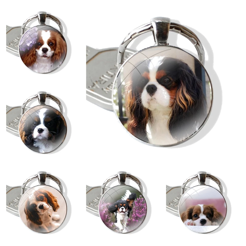 Keychain Handmade Glass Cabochon Key Ring Holder Pendant Key Chains Gift Fashion Cartoon Funny Cavalier King Charles Spaniel Dog