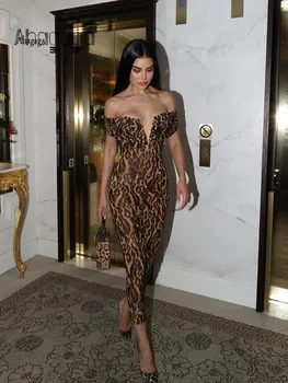 Ahagaga Seksi Leopar kadın Parti Elbiseler Payetler Slash Boyun Kılıf Bodycon Uzun Maxi Kısa Kollu Zarif Ince vestidos Elbiseler