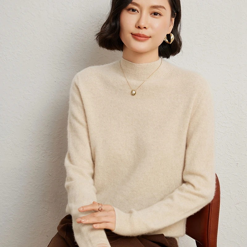 

Базовый свитер из 100% мериносовой шерсти, осень-зима, мягкий пуловер с воротником-стойкой, женский мягкий трикотаж с длинными рукавами, одежда, топы