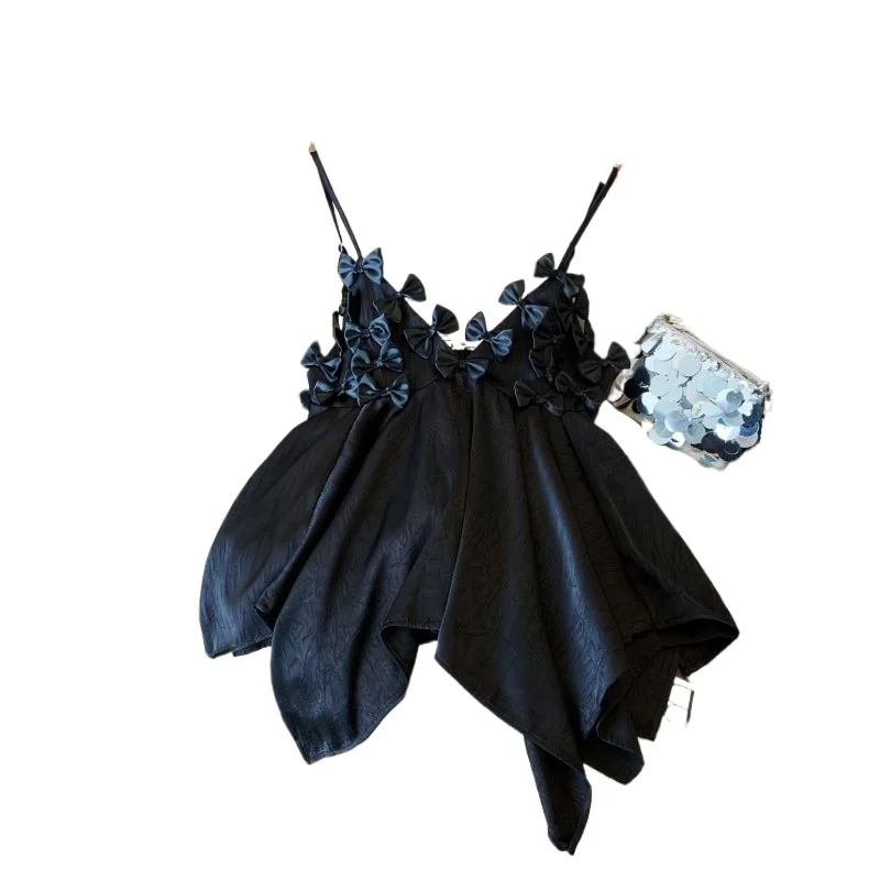 French Three-dimensional Bow V-neck Suspender Women's Summer High-end Satin Beautiful Back Sleeveless Skirt Small Top T-Shirts