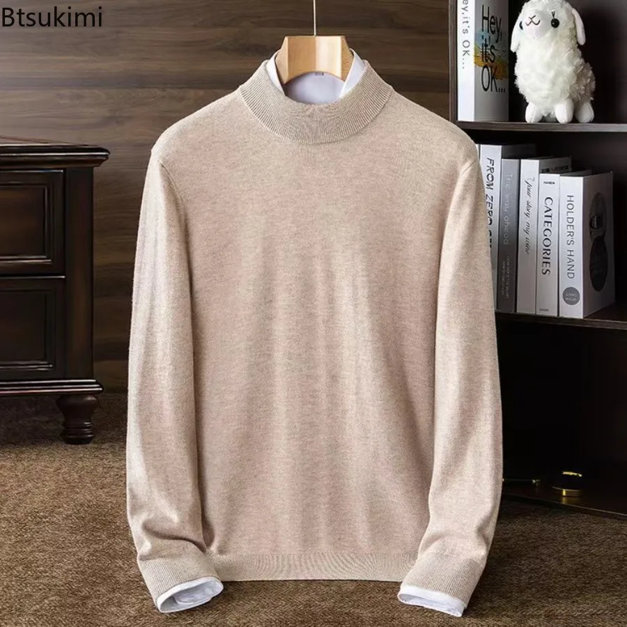 New Men's Solid Color Kniitted Sweaters Mock Neck Pullovers Autumn Winter Long Sleeve High-End Jumpers Soft Warm Knitwear Tops
