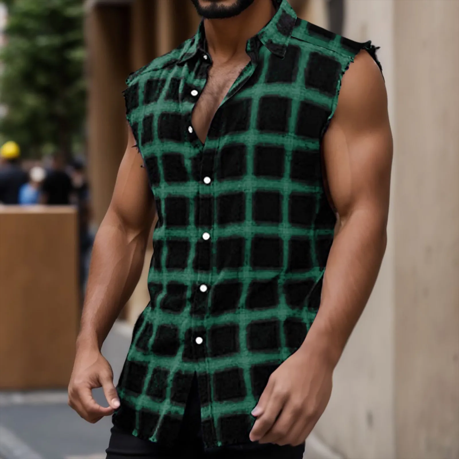 Mens Sleeveless Plaid Shirts Vintage Stand-Up Collar Single Breasted Shirt Man Summer Loose Sanding Streetwear Sports Shirts