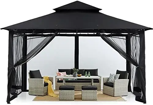 Outdoor Gazebo Canopy Tent Shelter For Patio Backyard Garden Lawn Poolside, Heavy Duty Sunshade Pavilion Screen House With Mesh Netting Walls, Modern Style, Black, 1 Set