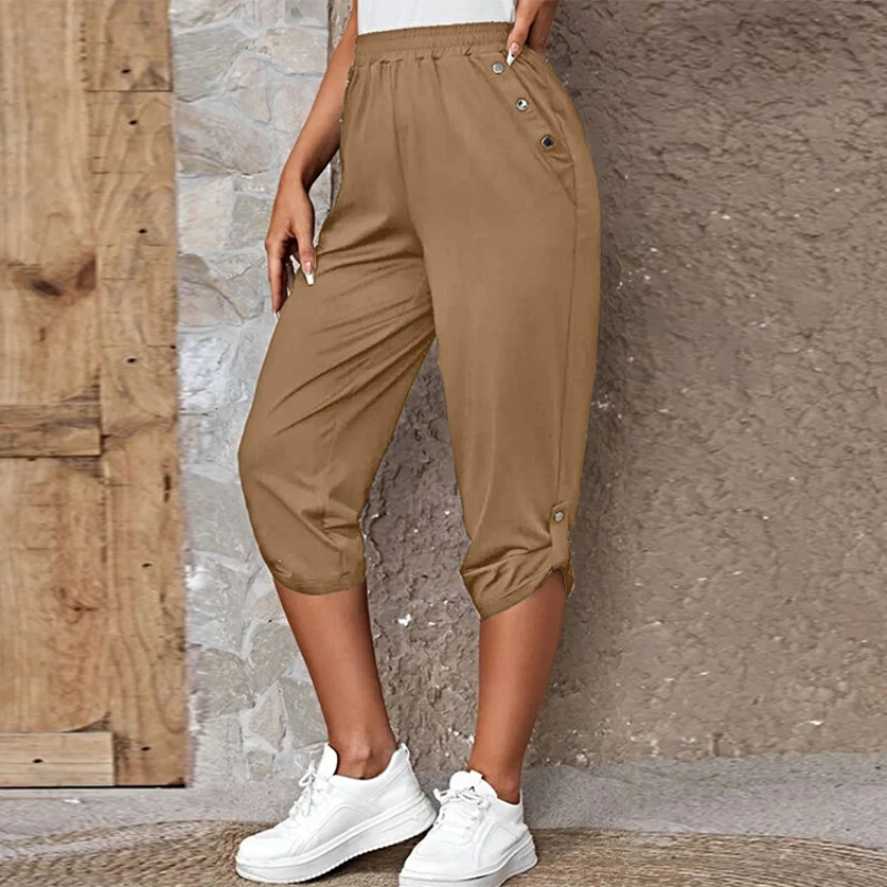 

Black Pants Casual Women Pants Calf-Length Pants for Women Summer Clothes New Hot Sale Buttons Pockets Elasticity Pencil Pants