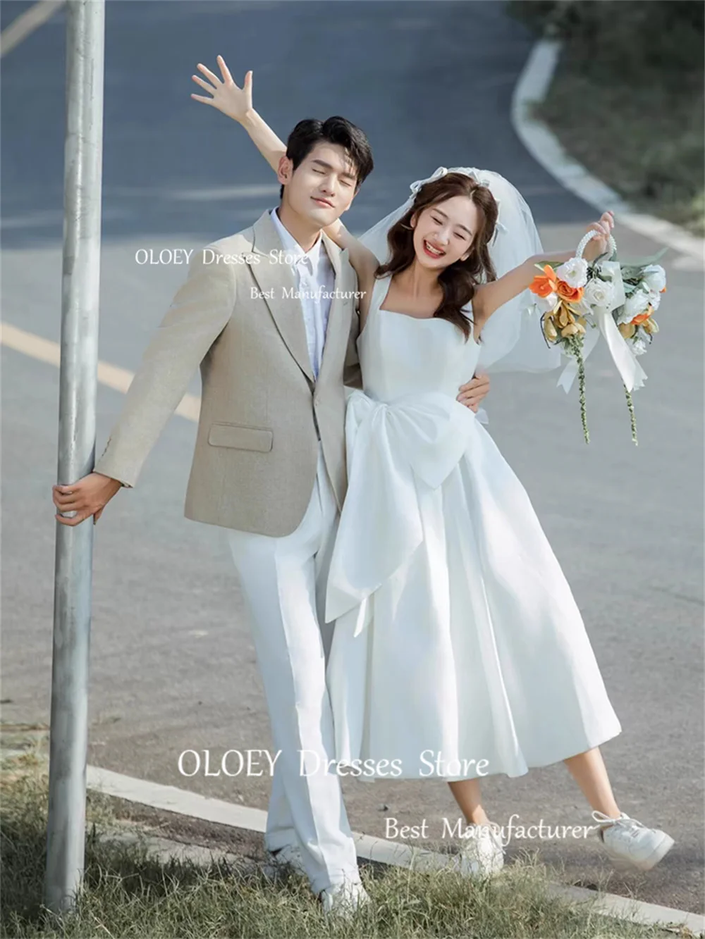 OLOEY Korea Simple Wedding Dresses Photoshoot Square Collar A-Line Mid-Calf Length Satin Bridal Gowns Corset Back Custom Made