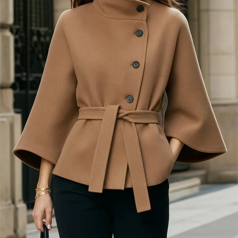 Women New Wool Coat Stand Collar 3/4 Sleeve Belted Waist Button Outerwear Elegant Solid Color Autumn Winter Casual Lady Jacket