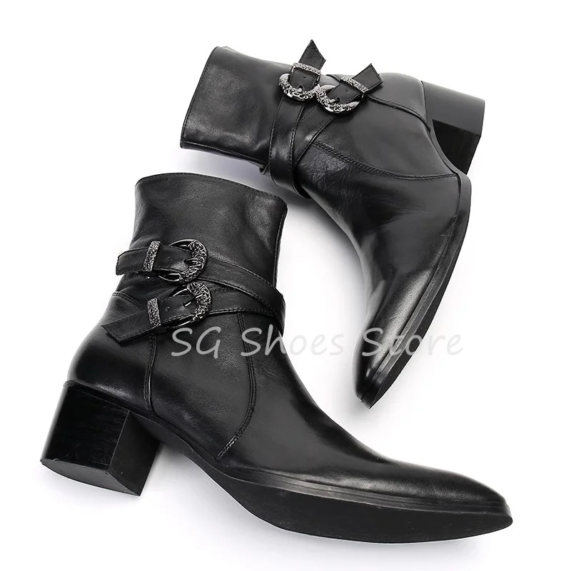 Gentleman Party Dress Shoes Fashion Square Toe Chunky Heel Men's Mid-Calf Boots Punk Belt Buckle Decor Male Chelsea Boots