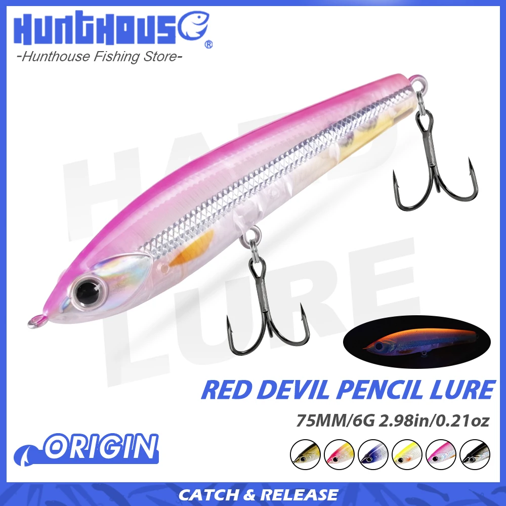 Isca Artificial Hunthouse Red Devil Pencil para Pesca, Isca Flutuante de Superfície, 75mm 6g, Stickbait para Bass e Pike